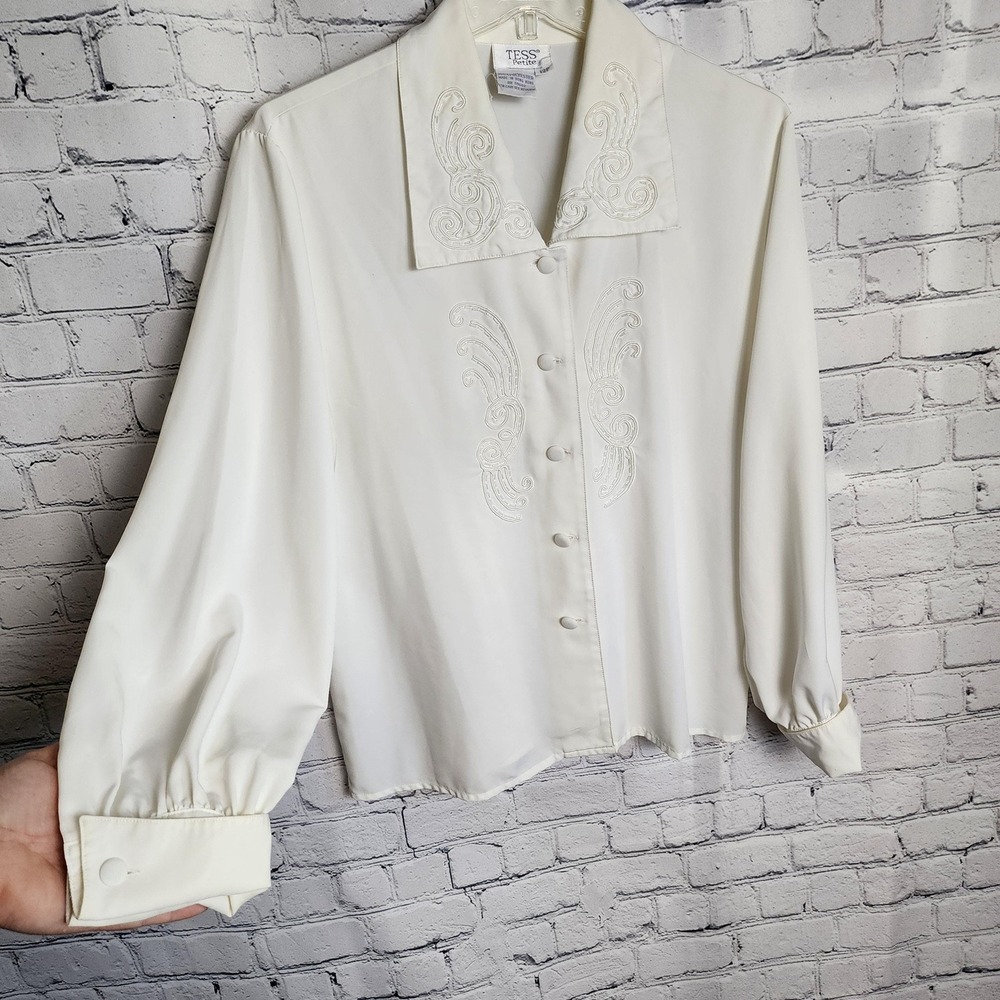 Tess Petite Vintage Cream‎ Embroidered Edwardian Blouse Long Sleeve Shirt 12P